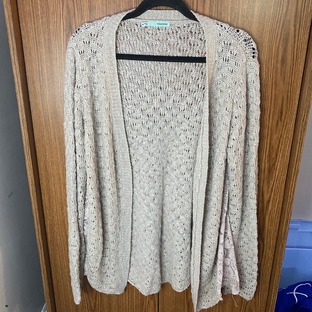 Maurices Cardigan Women Medium Beige Pointelle Knit Lace Side Panels Open Front